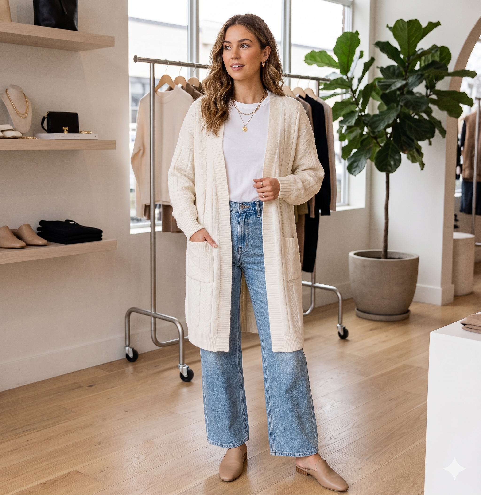 Look editorial completo de moda de lujo con tonos cálidos
